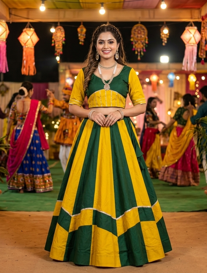 Yellow Pure Roman Silk 06 Mtr Flair Double Colour Shade Navratri Lehenga Choli