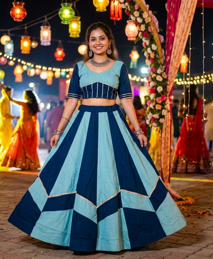 Sky Pure Roman Silk 06 Mtr Flair Double Colour Shade Navratri Lehenga Choli