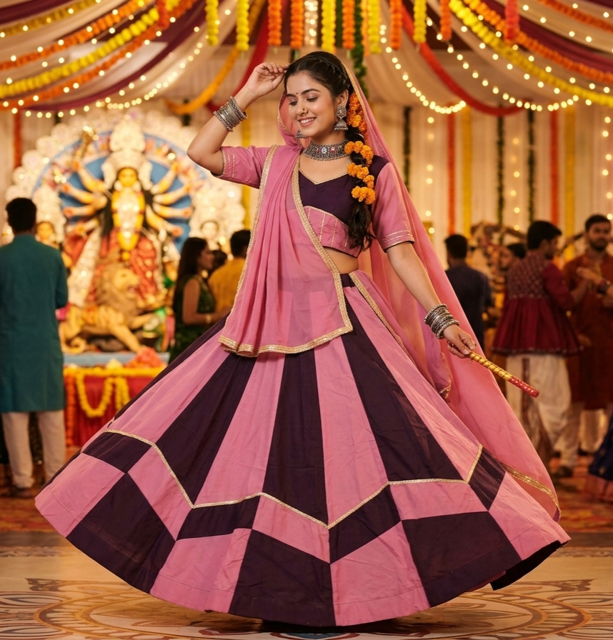 Pink Pure Roman Silk 06 Mtr Flair Double Colour Shade Navratri Lehenga Choli
