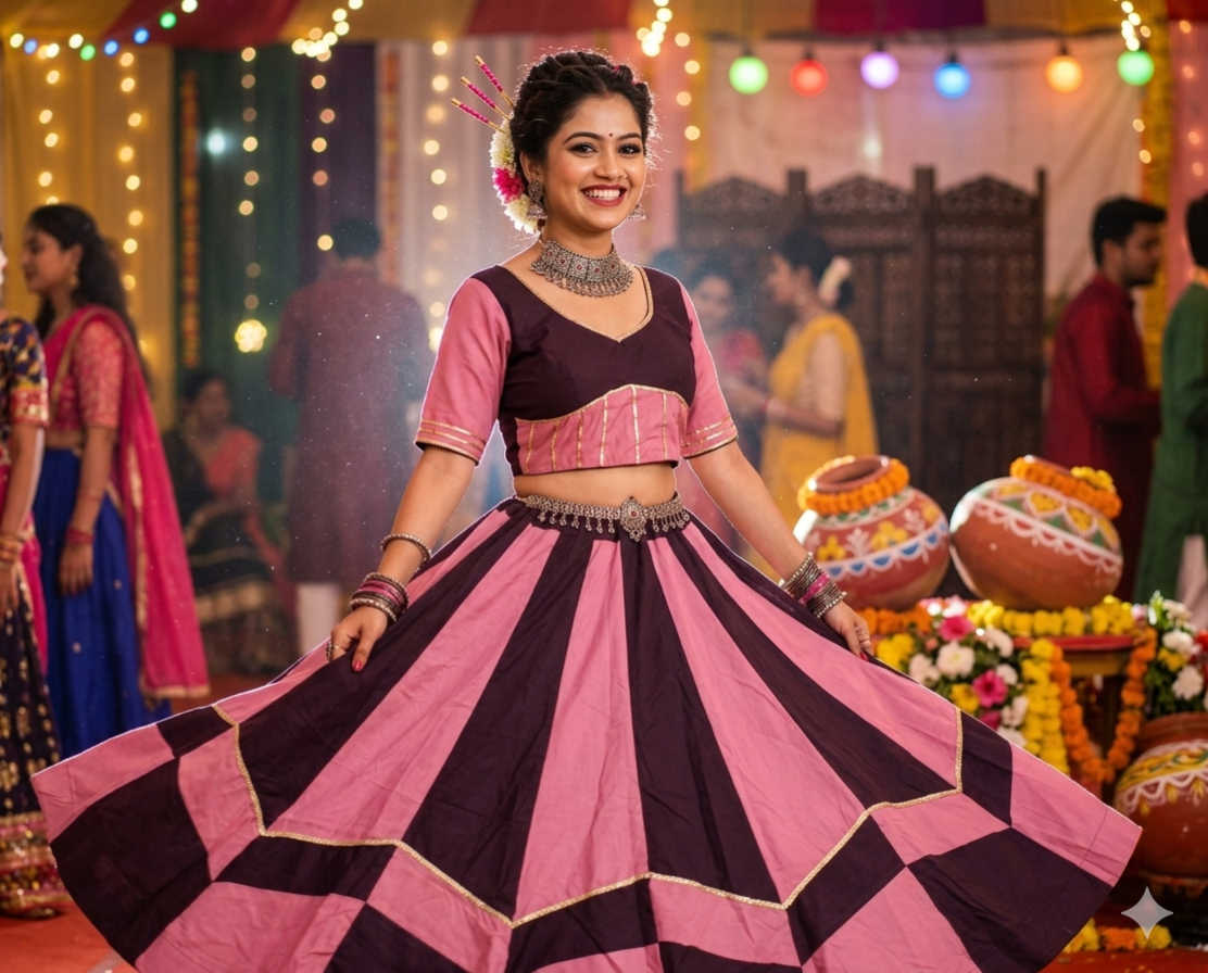 Pink Pure Roman Silk 06 Mtr Flair Double Colour Shade Navratri Lehenga Choli