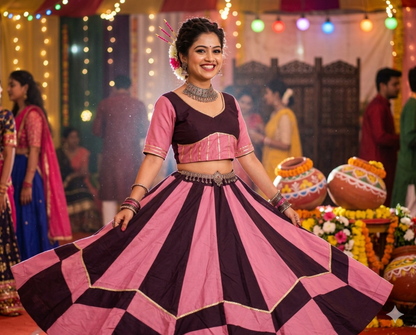 Pink Pure Roman Silk 06 Mtr Flair Double Colour Shade Navratri Lehenga Choli