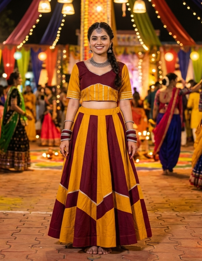 Maroon Pure Roman Silk 06 Mtr Flair Double Colour Shade Navratri Lehenga Choli