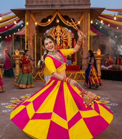 Yellow Pure Roman Silk 06 Mtr Flair Double Colour Shade Navratri Lehenga Choli