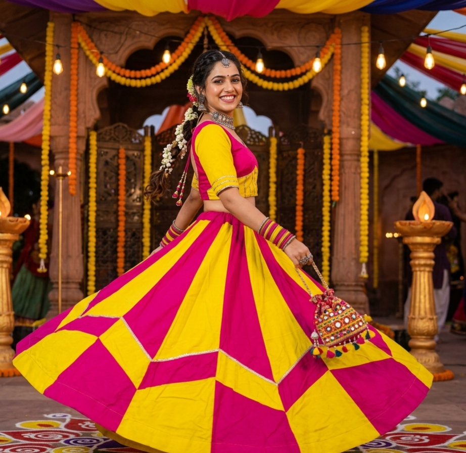 Yellow Pure Roman Silk 06 Mtr Flair Double Colour Shade Navratri Lehenga Choli