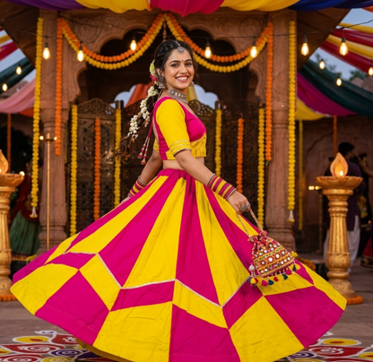 Yellow Pure Roman Silk 06 Mtr Flair Double Colour Shade Navratri Lehenga Choli
