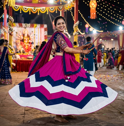 Pink Pure Roman Silk 08 Mtr Flair Double Colour Shade Navratri Lehenga Choli
