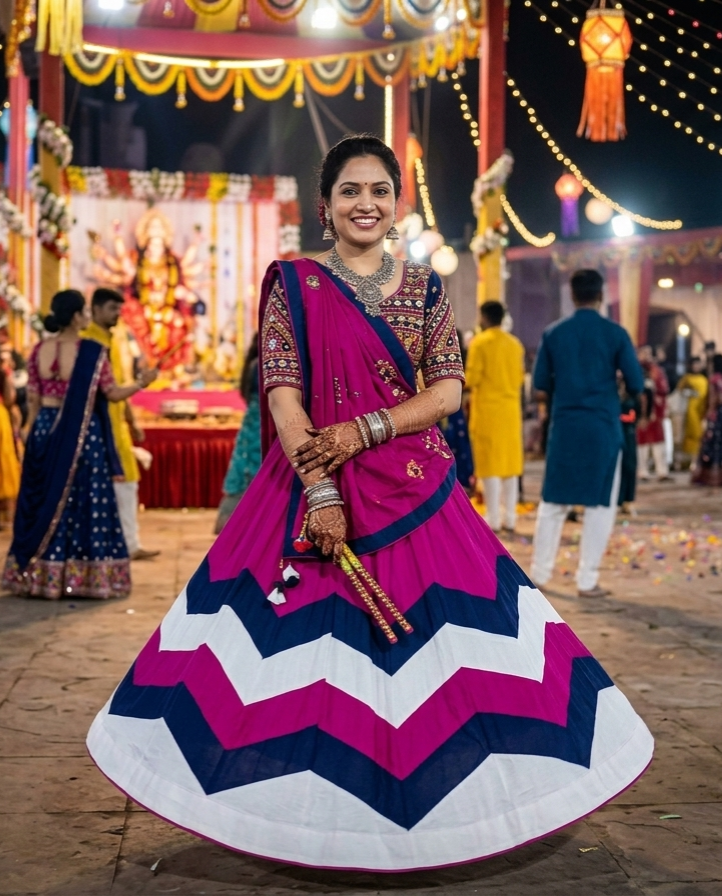 Pink Pure Roman Silk 08 Mtr Flair Double Colour Shade Navratri Lehenga Choli