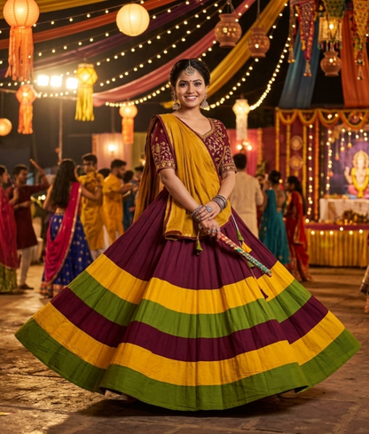 Maroon Pure Roman Silk 08 Mtr Flair Double Colour Shade Navratri Lehenga Choli