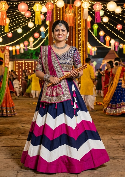 Blue Pure Roman Silk 08 Mtr Flair Double Colour Shade Navratri Lehenga Choli