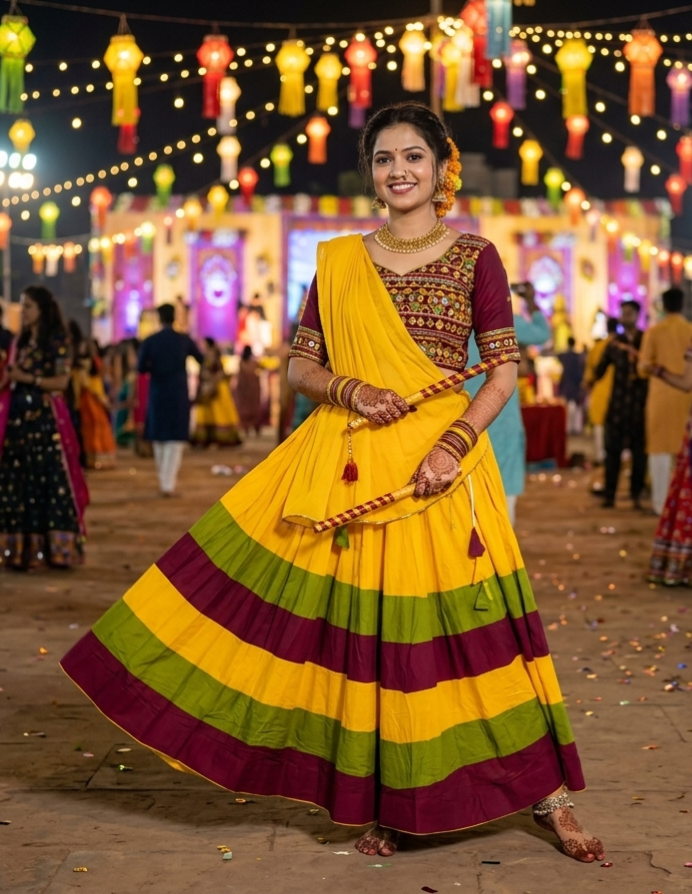 Yellow ue Pure Roman Silk 08 Mtr Flair Double Colour Shade Navratri Lehenga Choli
