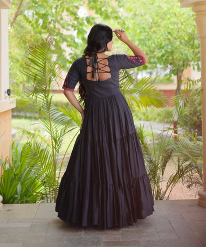 Black Pure Kora Cotton Multi Thread Mirror Work Navratri Gown