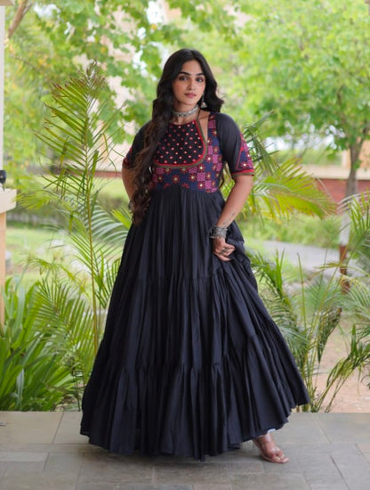 Black Pure Kora Cotton Multi Thread Mirror Work Navratri Gown