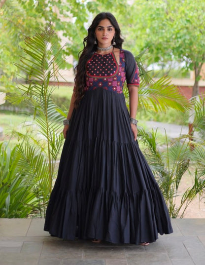 Black Pure Kora Cotton Multi Thread Mirror Work Navratri Gown