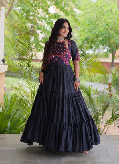 Black Pure Kora Cotton Multi Thread Mirror Work Navratri Gown