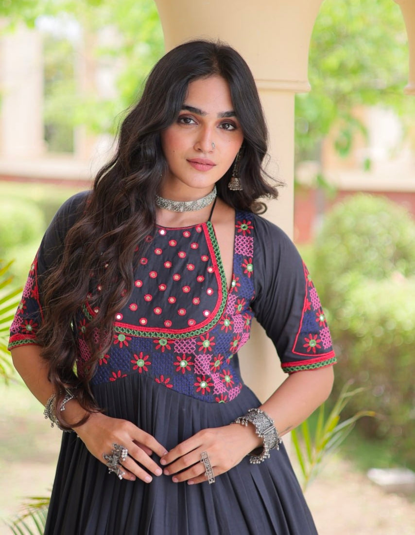 Black Pure Kora Cotton Multi Thread Mirror Work Navratri Gown