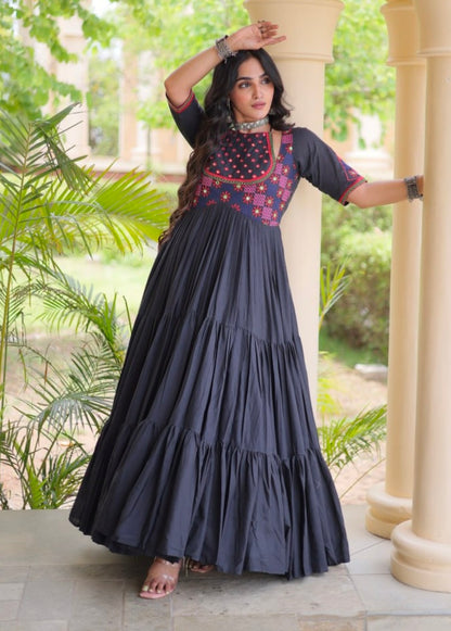 Black Pure Kora Cotton Multi Thread Mirror Work Navratri Gown