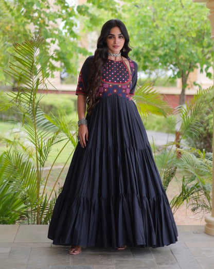 Black Pure Kora Cotton Multi Thread Mirror Work Navratri Gown