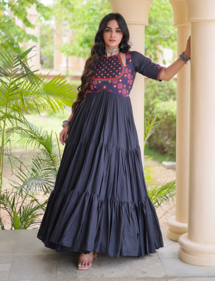 Black Pure Kora Cotton Multi Thread Mirror Work Navratri Gown