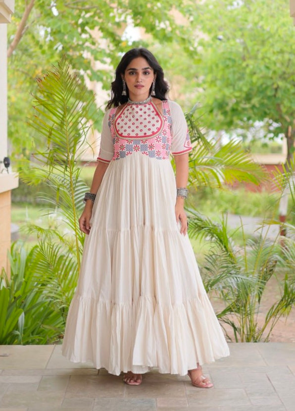 White Pure Kora Cotton Multi Thread Mirror Work Navratri Gown