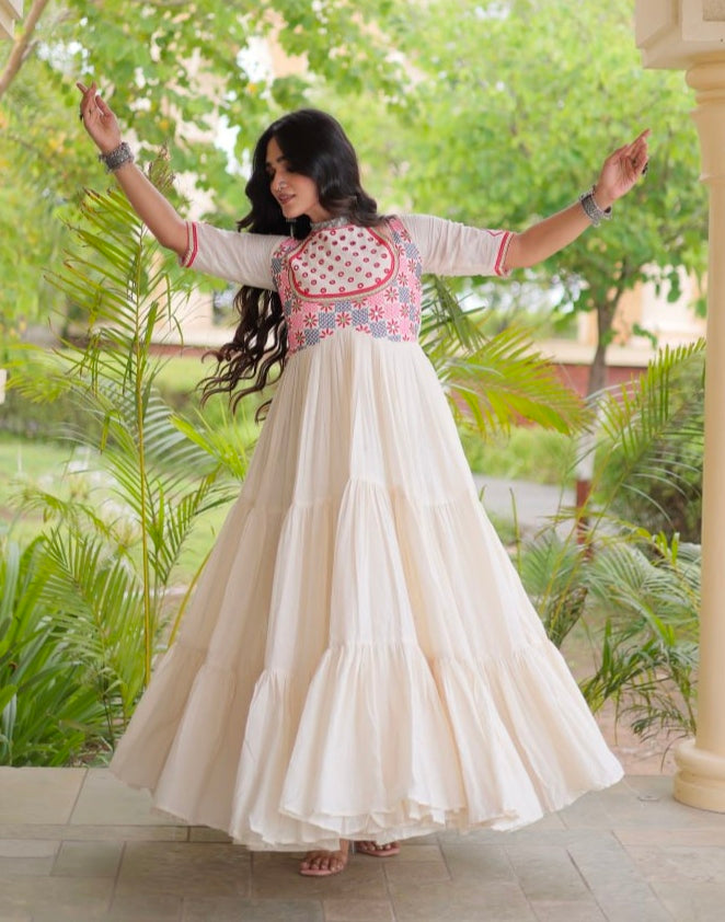 White Pure Kora Cotton Multi Thread Mirror Work Navratri Gown
