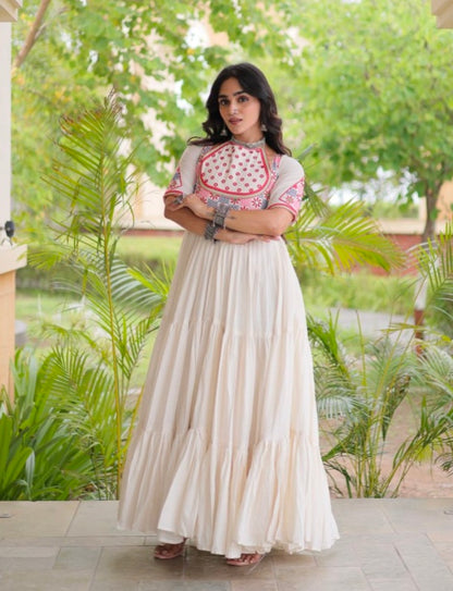 White Pure Kora Cotton Multi Thread Mirror Work Navratri Gown