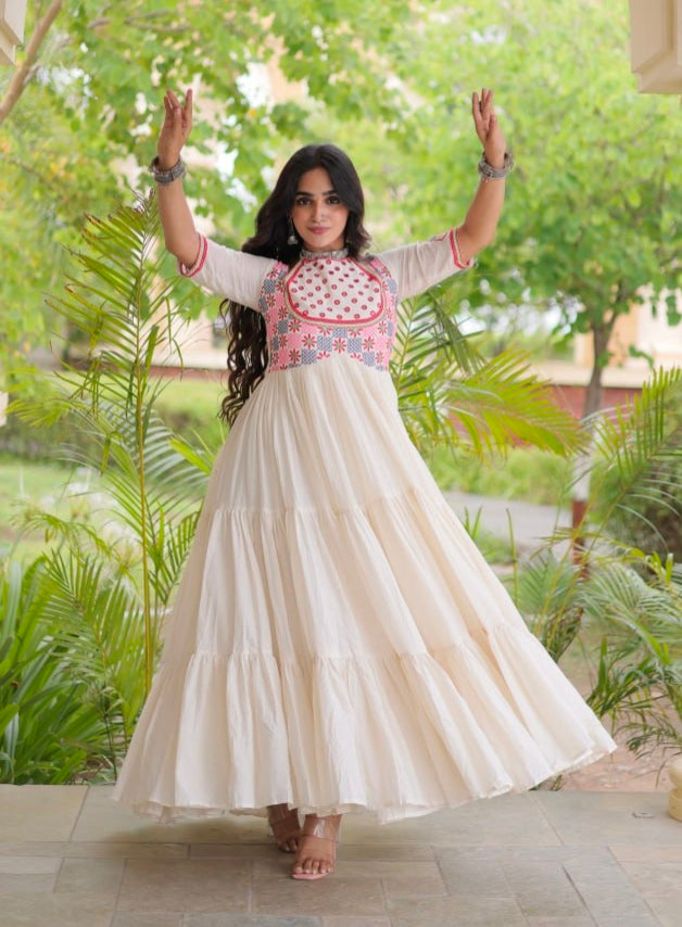 White Pure Kora Cotton Multi Thread Mirror Work Navratri Gown
