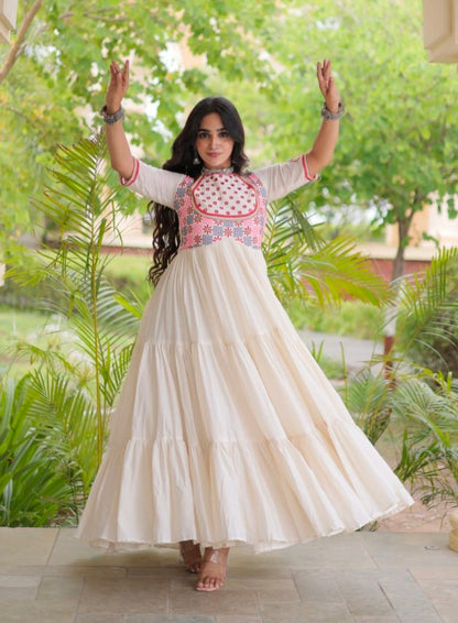 White Pure Kora Cotton Multi Thread Mirror Work Navratri Gown