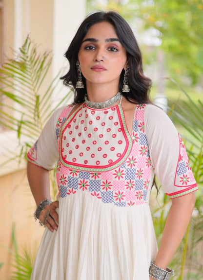 White Pure Kora Cotton Multi Thread Mirror Work Navratri Gown