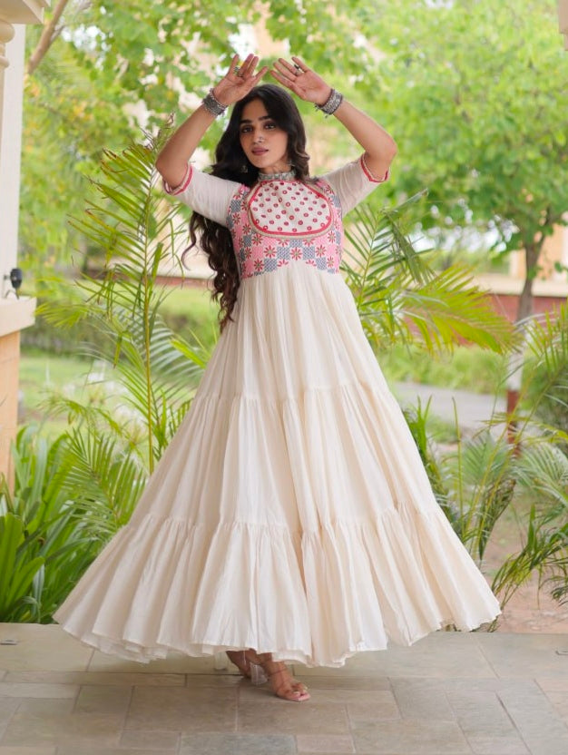 White Pure Kora Cotton Multi Thread Mirror Work Navratri Gown