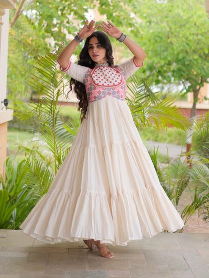 White Pure Kora Cotton Multi Thread Mirror Work Navratri Gown