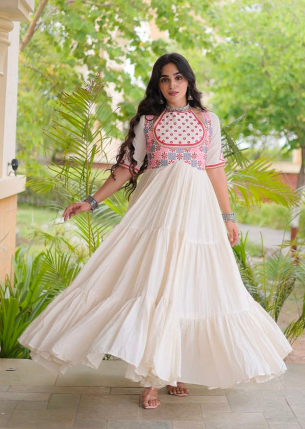 White Pure Kora Cotton Multi Thread Mirror Work Navratri Gown