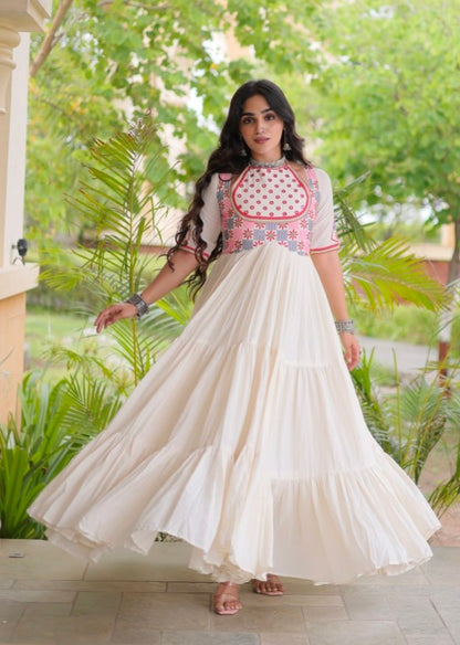 White Pure Kora Cotton Multi Thread Mirror Work Navratri Gown