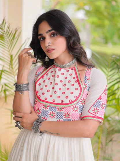 White Pure Kora Cotton Multi Thread Mirror Work Navratri Gown