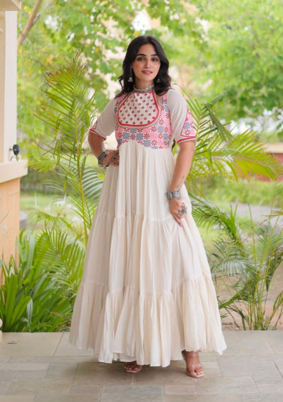 White Pure Kora Cotton Multi Thread Mirror Work Navratri Gown