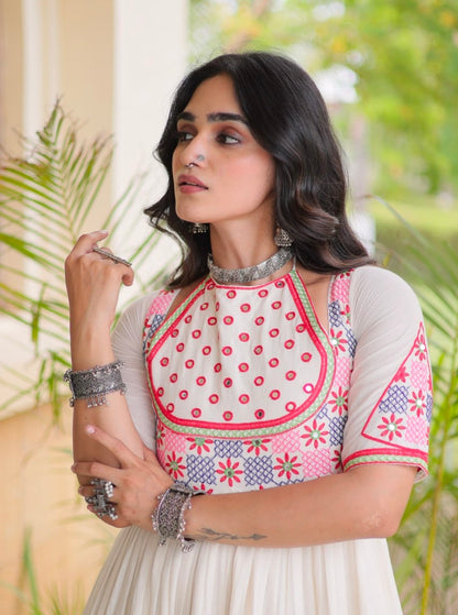 White Pure Kora Cotton Multi Thread Mirror Work Navratri Gown
