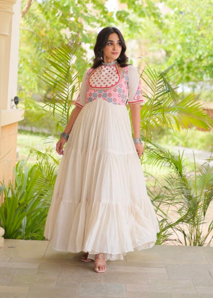 White Pure Kora Cotton Multi Thread Mirror Work Navratri Gown