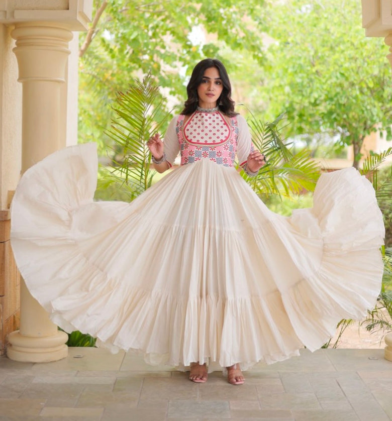 White Pure Kora Cotton Multi Thread Mirror Work Navratri Gown