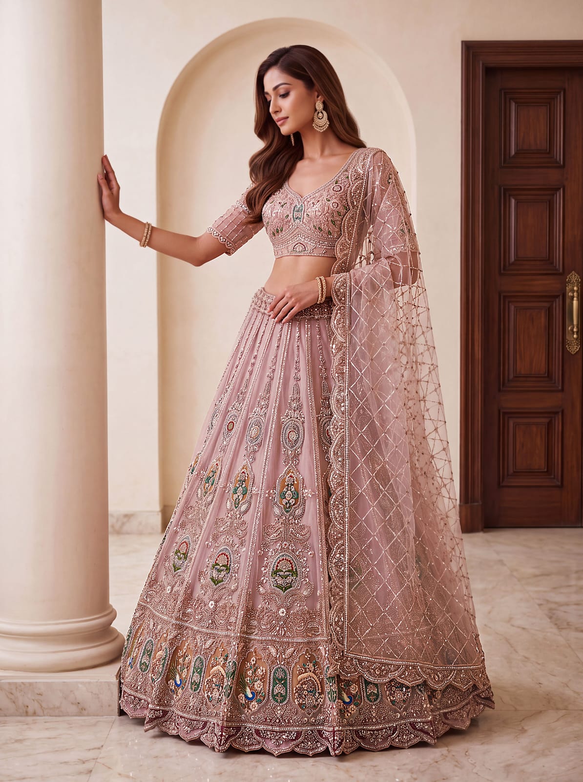Pink Pure Heavy Net Motif Handwork Zari Sequins Work Bridal Lehenga Choli
