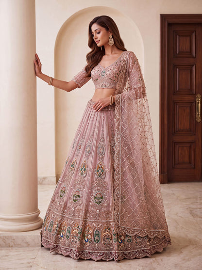 Pink Pure Heavy Net Motif Handwork Zari Sequins Work Bridal Lehenga Choli