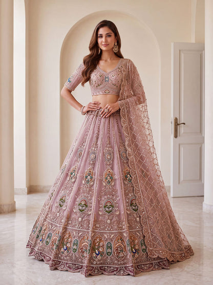 Pink Pure Heavy Net Motif Handwork Zari Sequins Work Bridal Lehenga Choli