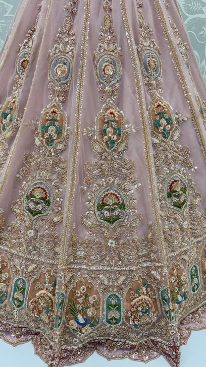 Pink Pure Heavy Net Motif Handwork Zari Sequins Work Bridal Lehenga Choli