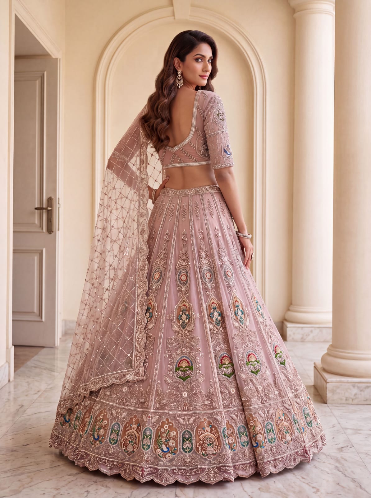 Pink Pure Heavy Net Motif Handwork Zari Sequins Work Bridal Lehenga Choli