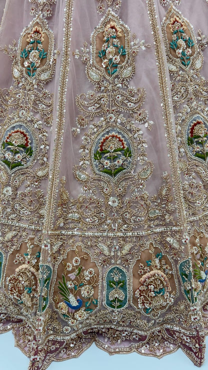 Pink Pure Heavy Net Motif Handwork Zari Sequins Work Bridal Lehenga Choli