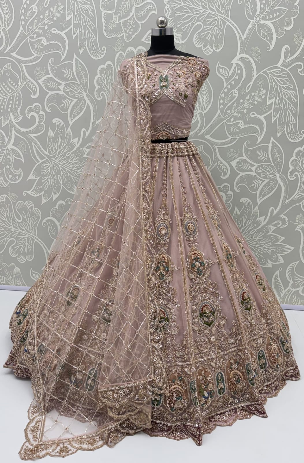 Pink Pure Heavy Net Motif Handwork Zari Sequins Work Bridal Lehenga Choli