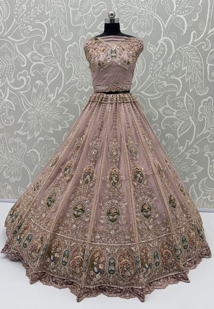 Pink Pure Heavy Net Motif Handwork Zari Sequins Work Bridal Lehenga Choli