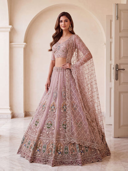Pink Pure Heavy Net Motif Handwork Zari Sequins Work Bridal Lehenga Choli