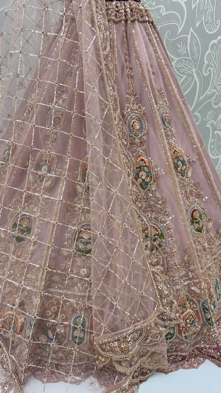Pink Pure Heavy Net Motif Handwork Zari Sequins Work Bridal Lehenga Choli