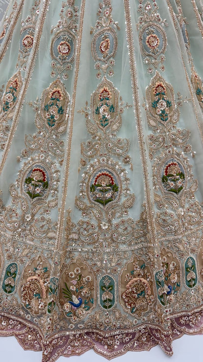 Sky Pure Heavy Net Motif Handwork Zari Sequins Work Bridal Lehenga Choli