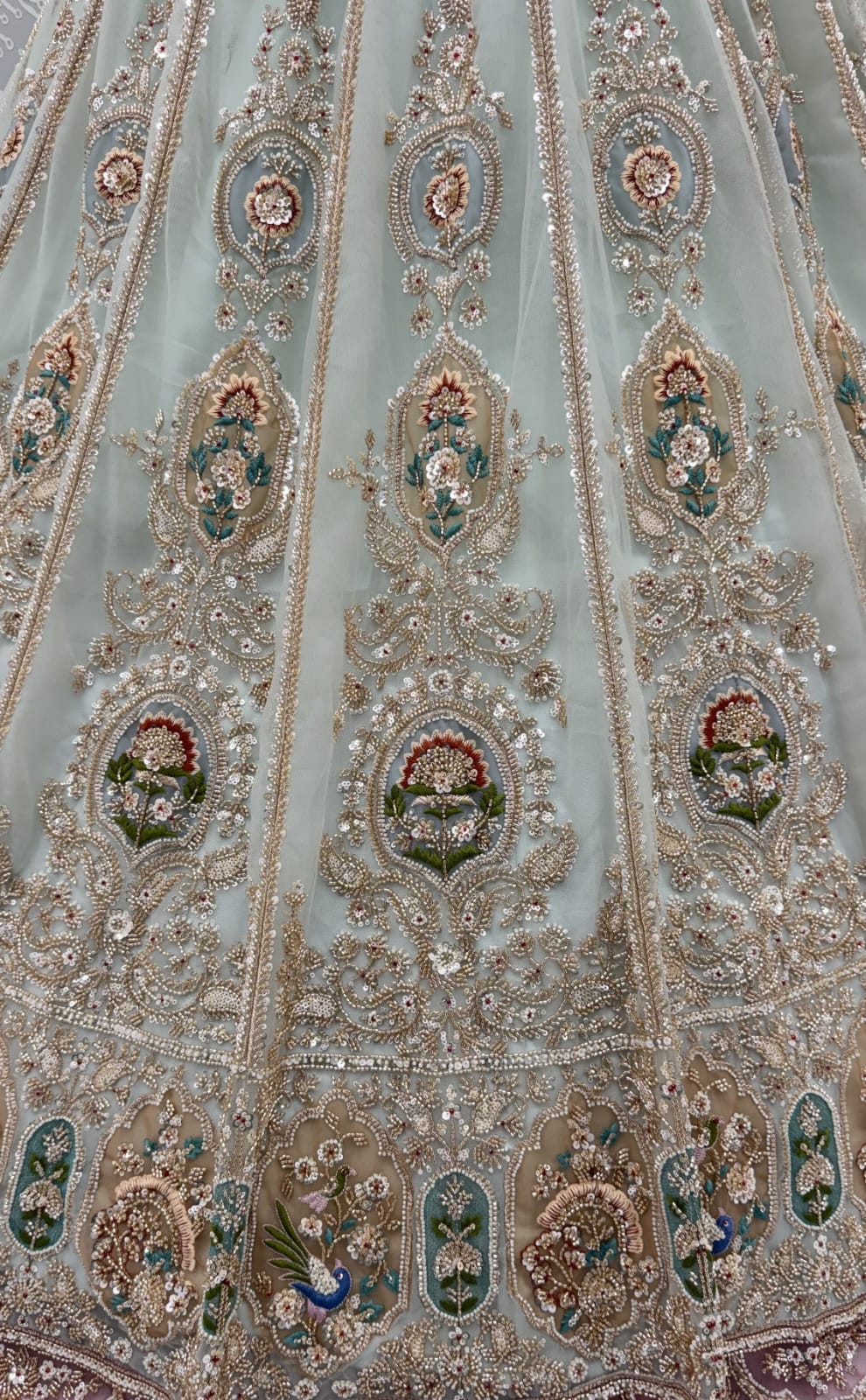 Sky Pure Heavy Net Motif Handwork Zari Sequins Work Bridal Lehenga Choli