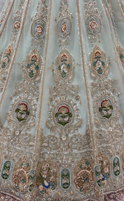Sky Pure Heavy Net Motif Handwork Zari Sequins Work Bridal Lehenga Choli